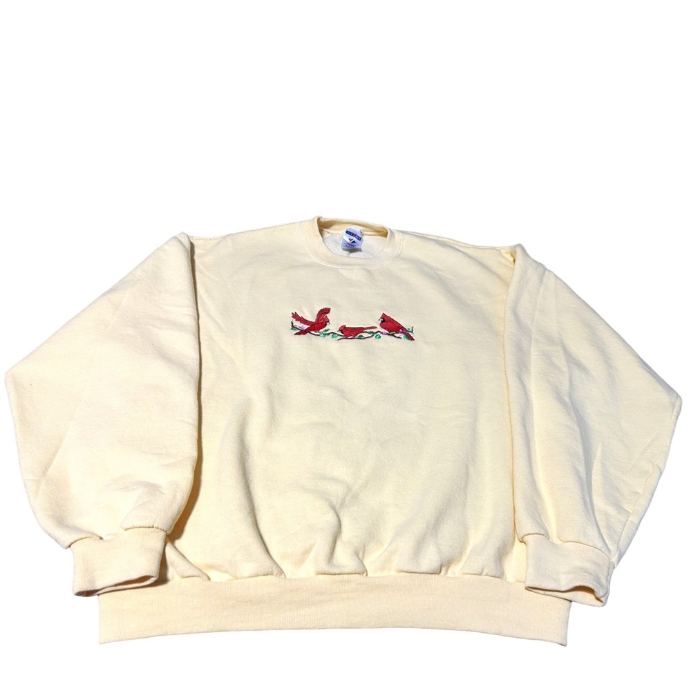Jerzees Vintage Cardinal Embroidered Sweatshirt Large Yellow Cozy Cottagecore - Picture 3 of 10
